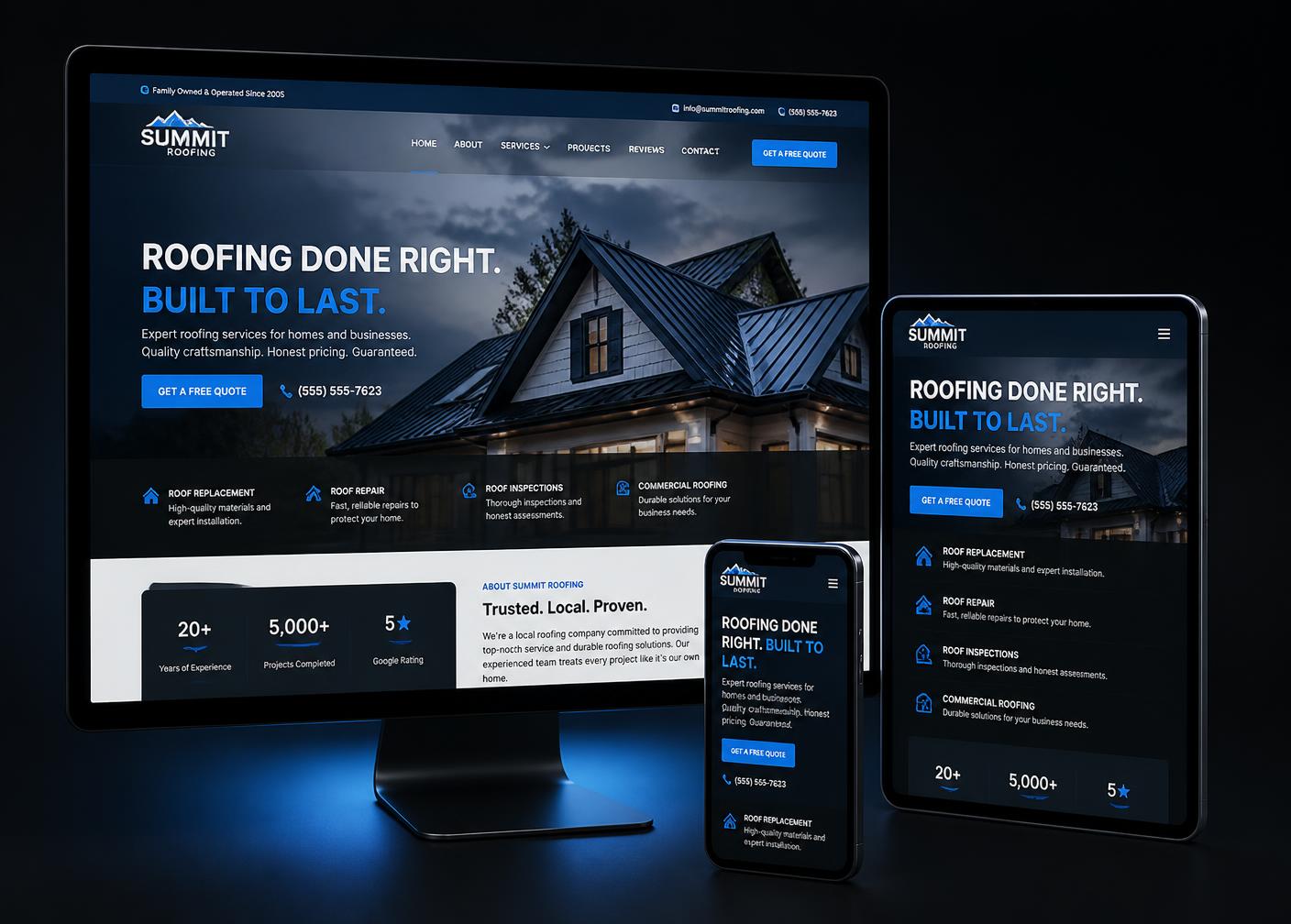A modern roofing contractor website shown on desktop, tablet and smartphone screens